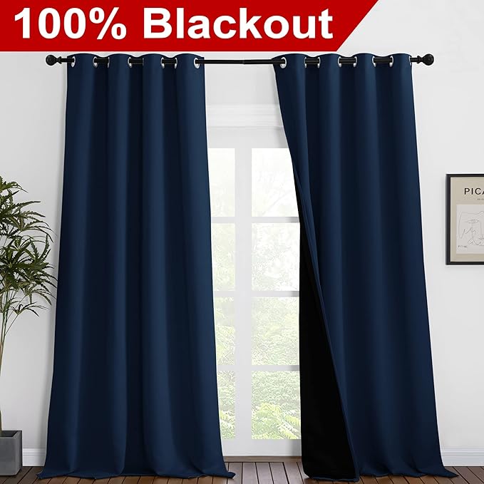 NICETOWN 100% Blackout Blinds, Laundry Room Decor Window Treatment Curtains, Thermal Insulated Energy Smart Drapes and Draperies for Villa, Hall and Studio, Navy Blue, Set of 2, 55 inches x 96 inches