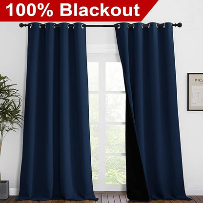 NICETOWN 100% Blackout Blinds, Laundry Room Decor Window Treatment Curtains, Thermal Insulated Energy Smart Drapes and Draperies for Villa, Hall and Studio, Navy Blue, Set of 2, 55 inches x 96 inches