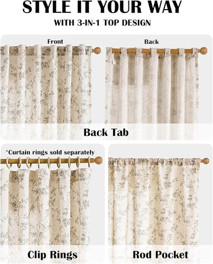 Lazzzy Grey Floral Linen Curtains 84 Inch Farmhouse Back Tab Drapes for Living Room Bedroom Light Filtering Vintage Grandmillennial Rod Pocket Curtains, 2 Panels, W38 x L84, Grey on Beige