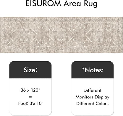 Hallway 3x10 Runner Rug - Vintage Non-Slip Long Rug for Entryway Low-Pile Washable Medallion Runner Rugs Waterproof Traditional Runner Rug Indoor Thin Rug for Kitchen (Distressed Beige & Ivory)