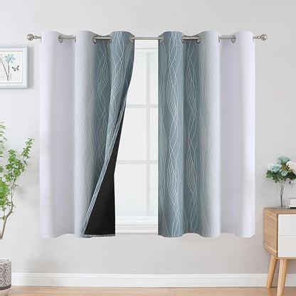 Estelar Textiler Stone Blue and Greyish White Ombre Blackout Curtains 54 Inch Length 2 Panels, Full Room Darkening Drapes for Kitchen, Thermal Insulated Grommet Short Curtains for Bedroom,42Wx54L