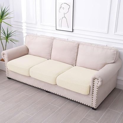 hyha Waterproof Couch Cushion Covers for Pets, Non Slip Sofa Seat Cover for Dogs Washable, Soft Thick Stretch Jacquard Fabric, Sofa Slipcovers with Elastic Bottom (3 Pieces, Light Beige)