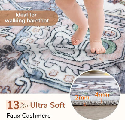 OPPODREAM Soft Throw Rugs 2x3, Small Washable Entryway Rugs 2 x 3 with Non Slip Backing, Low-Pile Faux Cashmere 2 x 3 Carpet, Purple & Green & Cream