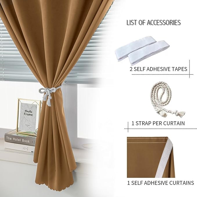 Self Adhesive Curtains, Stick Curtain Blackout Shades Window Cover Curtains for Living Room No Drilling, 47" W X 59" L, Brown, 1 Panel