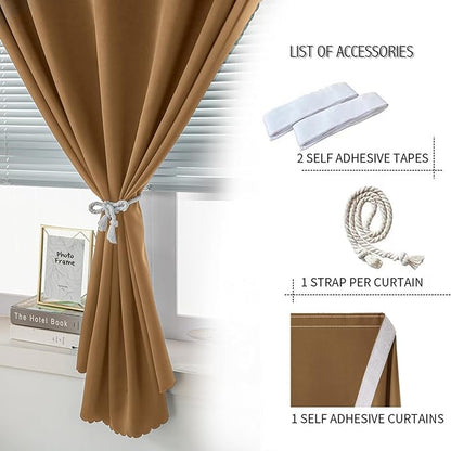 Self Adhesive Curtains, Stick Curtain Blackout Shades Window Cover Curtains for Living Room No Drilling, 59" W X 71" L, Brown, 1 Panel