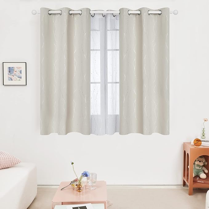 Deconovo Room Darkening Curtains, Light Beige Curtain, Thermal Insulated Noise Reducing Drapes, Silver Wave Dots Print, 42 x 54 Inch Long, Machine Washable Window Panels for Kitchen Nursery, Set of 2