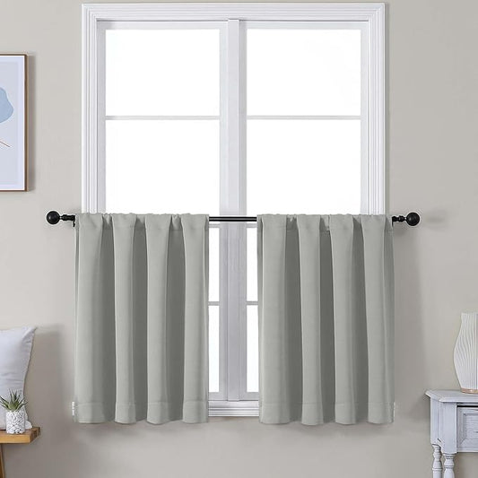 Simplebrand Ava Silver Grey Short 24 Inches Blackout Curtain 2 Panels Set, Half Window Rod Pocket Privacy Curtain Tiers for Kitchen, Curtains Blackout for Bathroom Shades, W30 x L24 Inch, Silver Grey