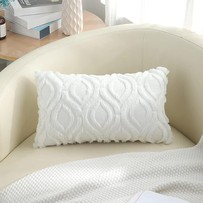 decorUhome Throw Pillow Covers 12x20 Inch Set of 2, Soft Plush Faux Wool White Solid Couch Pillow Covers, Accent Farmhouse Neutral Rectangle Pillow Cases for Sofa Bed Living Room