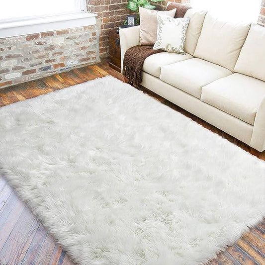 LOCHAS Soft Fluffy Faux Fur Rugs for Bedroom Bedside Rug 4x6 Feet, Washable, Furry Sheepskin Area Rug for Living Room Girls Room, Luxury Shag Carpet Home Decor, White