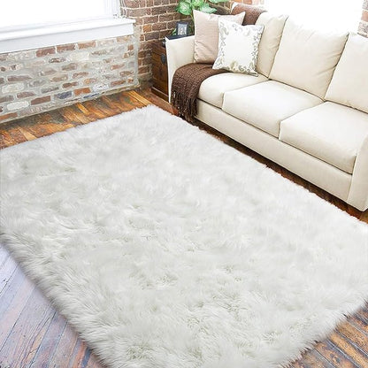 LOCHAS Soft Fluffy Faux Fur Rugs for Bedroom Bedside Rug 3x5 Feet, Washable, Furry Sheepskin Area Rug for Living Room Girls Room, Luxury Shag Carpet Home Decor, White