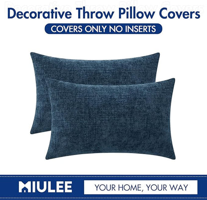 MIULEE Pack of 2 Blue Throw Pillow Covers 12x20 Inch Soft Chenille Lumbar Pillow Covers for Sofa Living Room Couch Solid Dyed Cases