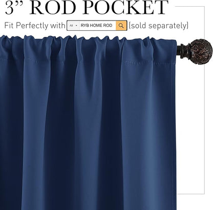 RYB HOME Short Blackout Curtains for Small Window, Sunmmer Heat Light Blocking Privacy Protection Curtains for Sunroom Laundry Room Stair Window, Width 52 by Length 36, Navy Blue, Set of 2