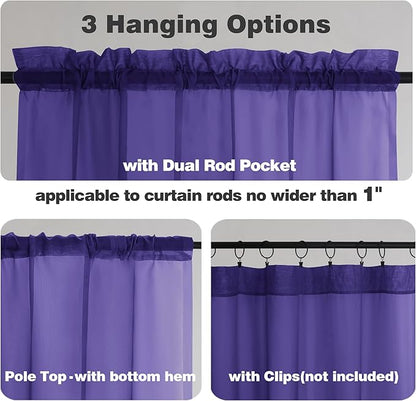 Chyhomenyc Purple Sheer Valances for Windows - Light Filtering Small Kitchen Curtains, Rod Pocket Short Top Window Treatment Decor for Living Room Bathroom Basement, 42Wx16L inches, 2 Panels