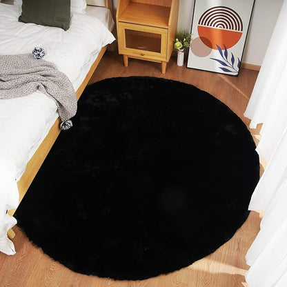 Ghouse Faux Rabbit Fur Round Rug 5ft Black Round Rugs for Bedroom Decor Fluffy Area Rugs for Living Room, no-Shedding Carpet Sheepskin Washable Rug Rome Decor