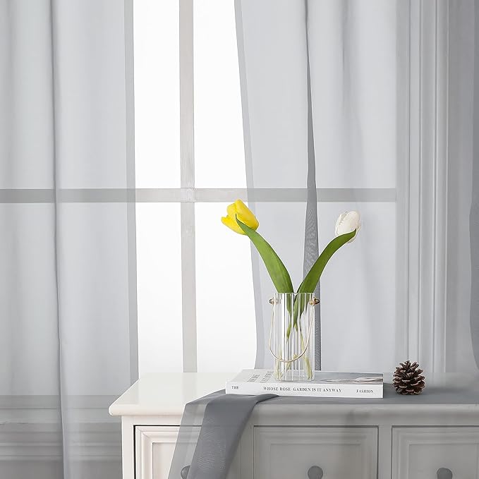 Lecloud Light Grey Sheer Curtains 54 Inch Length 2 Panels, Airy & Breathable Solid Voile Silver Gray Curtain with Dual Rod Pockets, Kitchen/Bedroom/Living Room Window Short Drapes, 40x54 Inch