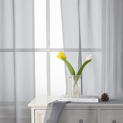 Lecloud Light Grey Sheer Curtains 54 Inch Length 2 Panels, Airy & Breathable Solid Voile Silver Gray Curtain with Dual Rod Pockets, Kitchen/Bedroom/Living Room Window Short Drapes, 40x54 Inch