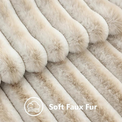 decorUhome Summer Cozy Faux Fur Throw Pillow Covers 26x26 Set of 2 Decorative Plush Striped Modern Farmhouse Boho Couch Euro Sham Pillow Cases with Velvet Back for Sofa Bed Living Room, Beige White