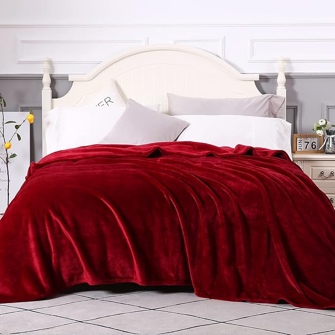 TASTHROW Large Flannel Fleece Throw Blanket, 90×90 Inch - Cozy Lightweight Thick Blanket - All Seasons Suitable for Women, Men and Kids (Burgundy)