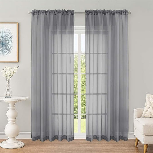 OWENIE Sheer Curtains 84 Inches Long 2 Panels Set, Sheer Grey Curtains for Living Room Bedroom 59 Inch Extra Wide, Modern Voile Filmy Rod Pocket Drapes, 2 Pcs, Each 59 W x 84L, Grey