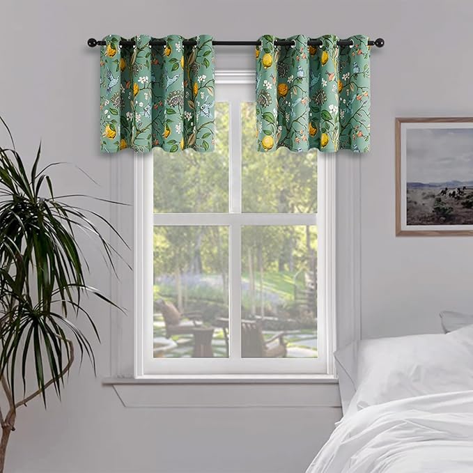 Topfinel Sage Green Kitchen Valances 24 Inch Long Vintage Botanical Floral Hummingbird Thermal Insulated White and Green Silk Grommet Small Window Curtains for Track Laundry Kitchen Camper 2 Panels