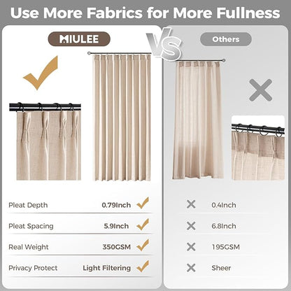 MIULEE Pinch Pleated Thick Linen Curtains 102 Inches Long 2 Panels for Living Room Bedroom, Linen Textured Drapes Pleat Back Tab Memory Trained Light Filtering Sand Beige Window Curtains with Hooks