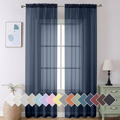Aiyufeng 2 Piece Dark Blue Extra Long Sheer Curtains 120 Inch Length, Light Filtering Kitchen Curtain for Window, Voile Top Dual Rod Pocket, 2 x 40 W x 120" L