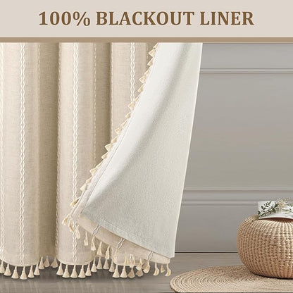 Boho Blackout Curtains 2 Panels 84 Inch for Living Room Bedroom, Beige Linen Texture Farmhouse Curtains with Tassels and Cotton Embroidery Vintage Rustic Western Rod Pocket