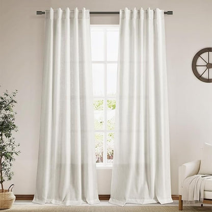 Cream Semi Sheer Curtains 96 Inches Long Back Tab Pocket Ivory Linen Living Room Curtain 2 Panel Sets Light Filtering Luxury Drapes Boho Farmhouse Room Curtains for Bedroom Aesthetic 8Ft 40x96
