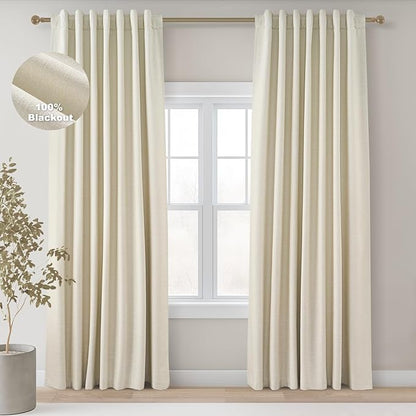 Topfinel Extra Long Total Blackout Linen Ceiling Curtains 108 Inches Long for Large Window Track System, Cream Pleated Cold Blocking Acoustic Heavy Ivory Track Tall Curtains 2 Panels 9 FT Beige