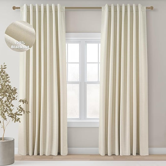 Topfinel Extra Long Total Blackout Linen Ceiling Curtains 108 Inches Long for Large Window Track System, Cream Pleated Cold Blocking Acoustic Heavy Ivory Track Tall Curtains 2 Panels 9 FT Beige