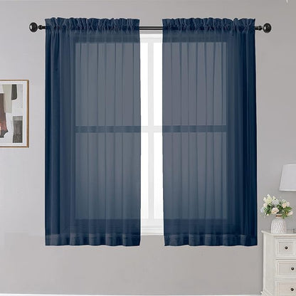 OWENIE Sheer Curtains - Navy 45" Long, Light Filtering Tiers for Kitchen, Bedroom, Basement, Short Curtains Panels Rod Pocket, Cafe Curtains for Small Window, 42" W x 45" L
