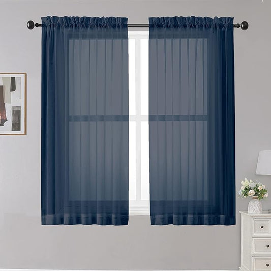 OWENIE Sheer Curtains - Navy 45" Long, Light Filtering Tiers for Kitchen, Bedroom, Basement, Short Curtains Panels Rod Pocket, Cafe Curtains for Small Window, 42" W x 45" L
