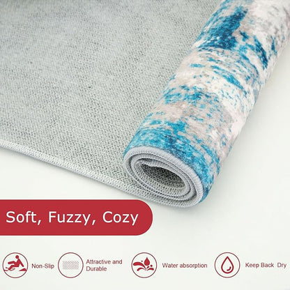 KOZYFLY Modern Abstract Area Rugs 8x10 Turquoise/Beige/Grey/Yellow Machine Washable Thin Rug for Bedroom Non-Slip Living Room Rug, Faux Wool Soft Low Pile Carpet for Dining Room, Bedroom, Bathroom
