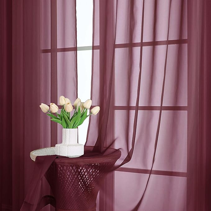OWENIE Sheer Curtains 2 Panels Set for Bedroom Living Room, Soft Solid Rod Pocket Light Filtering Window Treatment, 2Pcs Each 59" W x 120" L, Burgundy Wine