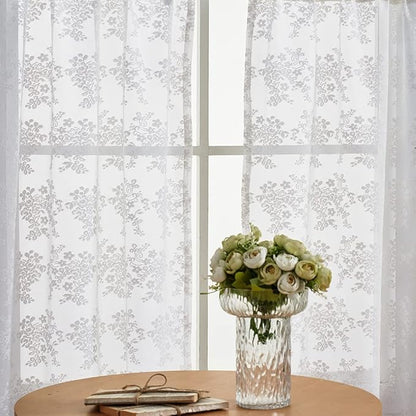 YJ YANJUN Vintage Lace Curtains 36 inch Length Country White Cafe Kitchen Sheer Short Curtain Panels for Bathroom - 2 Panels 26 x 36 Inch Light Filtering