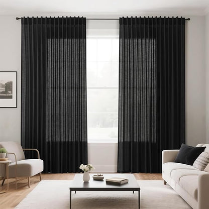 Black Sheer Linen Curtains 70 Inch Length for Living Room Lightweight Door Drapes 2 Panels Set with Back Tab Rod Pocket for Kitchen Kids Bedroom Light Filtering Protect Privacy Window Curtain W52xL70
