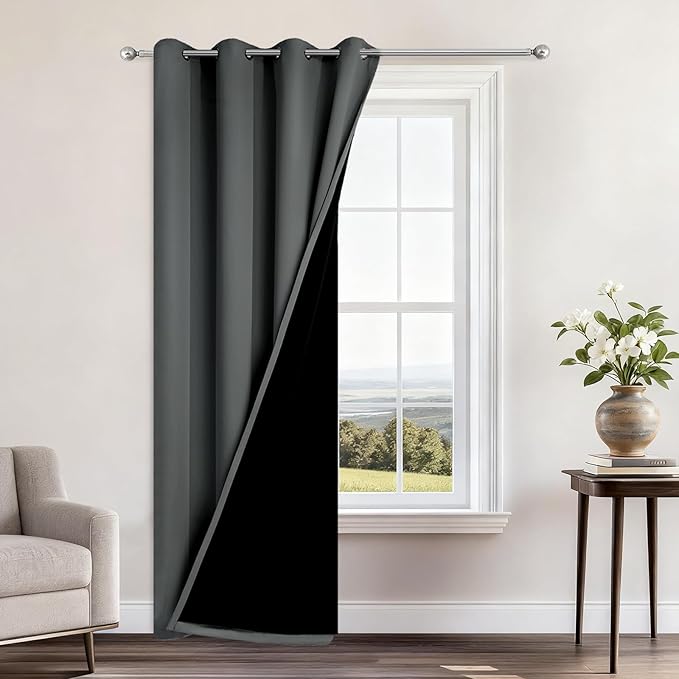 Yakamok 100% Blackout Curtains 84 Inches Long, 2 Thick Layers Heat and Full Light Blocking Soft Thermal Insulated Drapes for Bedroom(52" Wide Each Panel, Dark Grey, 1 Panel)