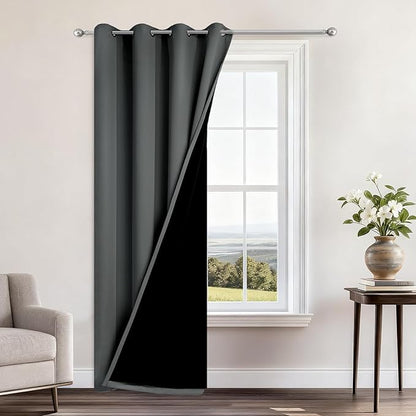 Yakamok 100% Blackout Curtains 96 Inches Long, 2 Thick Layers Heat and Full Light Blocking Soft Thermal Insulated Drapes for Bedroom(52" Wide Each Panel, Dark Grey, 1 Panel)