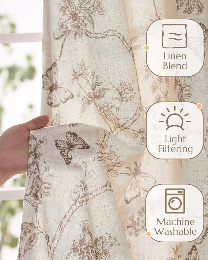jinchan Floral Linen Curtains for Living Room 96 Inch Length Butterfly Curtain Taupe Floral Curtains French Country Farmhouse Curtain Flower Patterned Drapes Window Treatment Set 2 Panels