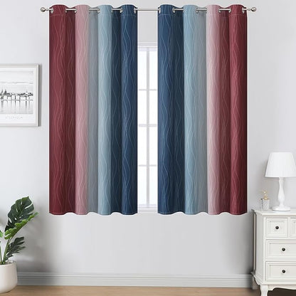 Estelar Textiler Navy Blue and Burgundy Red Ombre Blackout Curtains 54 Inch Length for Kitchen, Room Darkening Thermal Insulated Energy Efficient Grommet Drapes for Bedroom,52x54 Inch,2 Panels