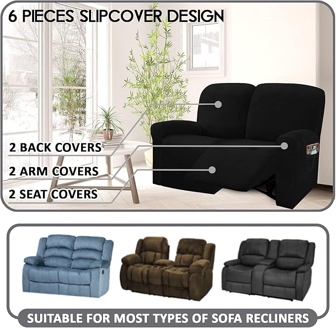 ULTICOR Reclining Love Seat Slipcover, 48" - 65" L, 6-Piece Velvet Stretch Loveseat Reclining Sofa Covers, 2 seat Love seat Recliner Cover, Thick, Soft, Washable (Black)