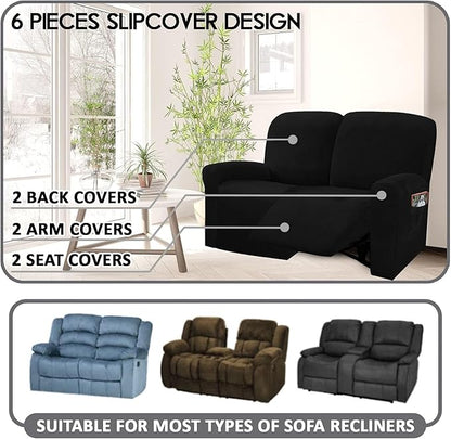 ULTICOR Reclining Love Seat Slipcover, 48" - 65" L, 6-Piece Velvet Stretch Loveseat Reclining Sofa Covers, 2 seat Love seat Recliner Cover, Thick, Soft, Washable (Black)