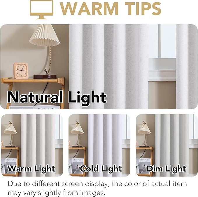 H.VERSAILTEX Linen Curtains 100% Blackout Curtains for Bedroom 102 inch Long Full Light Blocking Nature Linen Blended Window Curtains for Living Room Nickel Grommet (2 Panels, Heathered White)