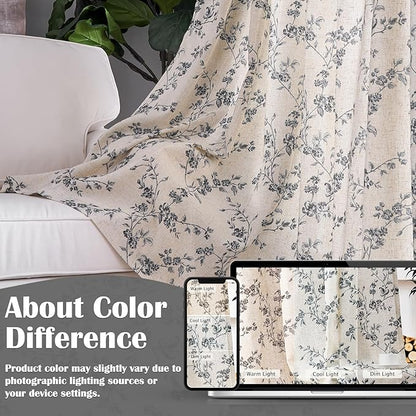 Lazzzy Farmhouse Linen Curtains Extra Long Black Floral Curtains 108 Inch Length Back Tab Drapes for Living Room Bedroom Light Filtering Country Vintage Rod Pocket, 2 Panels, Black on Beige