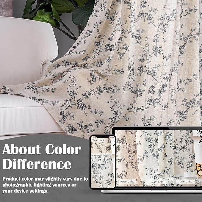Lazzzy Black Floral Linen Curtains 90 Inch Farmhouse Back Tab Drapes for Living Room Bedroom Light Filtering Vintage Grandmillennial Rod Pocket Curtains, 2 Panels, W38 x L90, Black on Beige