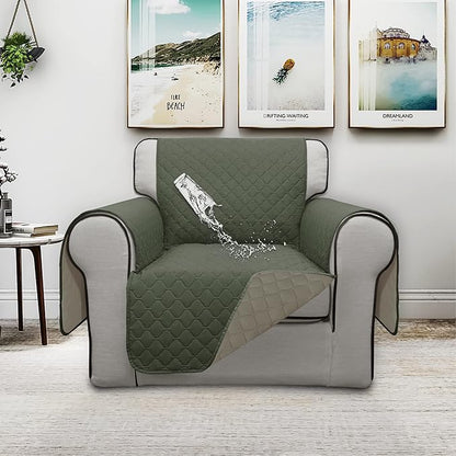 ISSUNTEX Double Protection 100% Waterproof Chair Sofa Covers for Living Room, Reversible Furniture Protector for Dogs, Pets, Kids (Chair, Greyish Green/Beige)