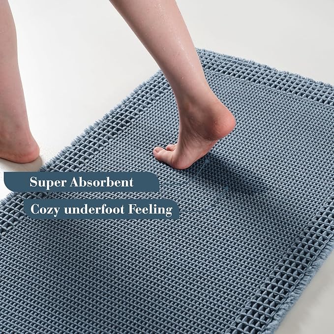 RESARE Waffle Bathroom Runner Rugs, Super Absorbent Bath Mat Non Slip Washable Quick Dry, Upgraded Ultra Soft Boho Bath Rugs with Tassels for Hallway Bedroom Laundry Room,20"x32" Blue