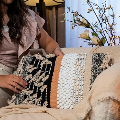 Decorative Boho-Chic Premium Pillow Cover 12x20 Handwoven Tufted Cotton Lumbar Accent Pillows, Neutral Earthly Color Throw Cushion, Farmhouse & Bohemian Home Decor (no Insert)