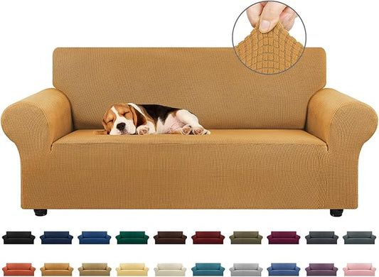 KEKUOU Stretch Loveseat Sofa Cover Slipcover,Couch Covers for 2 Cushion Couch Sofa (55"-78") Furniture Protector Sofa with Elastic Bottom for Kids,Dog. Jacquard Small Checked (Medium,Golden)