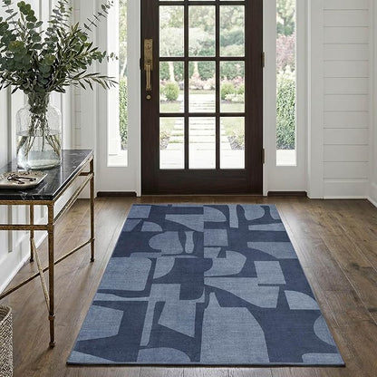 Latte&Fog 3x5 Entryway Rug Indoor, Modern Abstract Washable Area Rug, Boho Non Slip Low Pile Throw Carpet for Indoor Bedroom Bedside, Kitchen, Entry and Living Room - Navy Blue